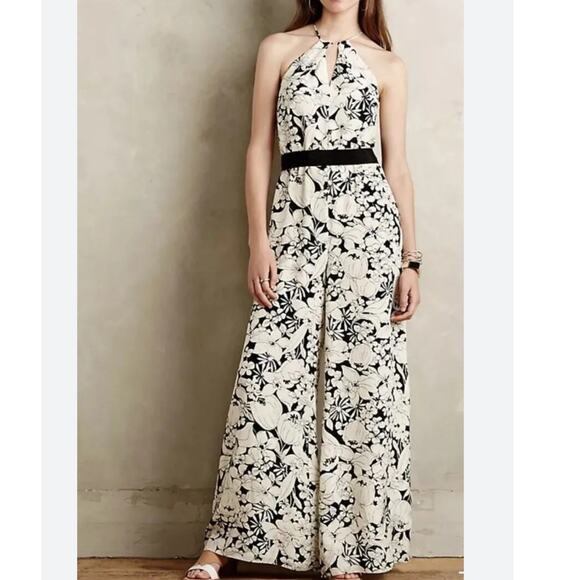 Anthropologie Elevenses Lilium Jumpsuit Medium 100% Silk Floral Wide Leg Floral - Picture 1 of 14